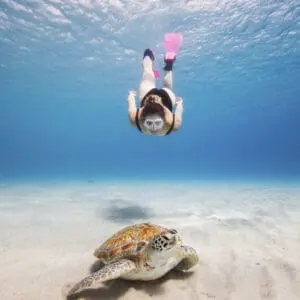 Woman swimming towards green sea turtle, Curacao